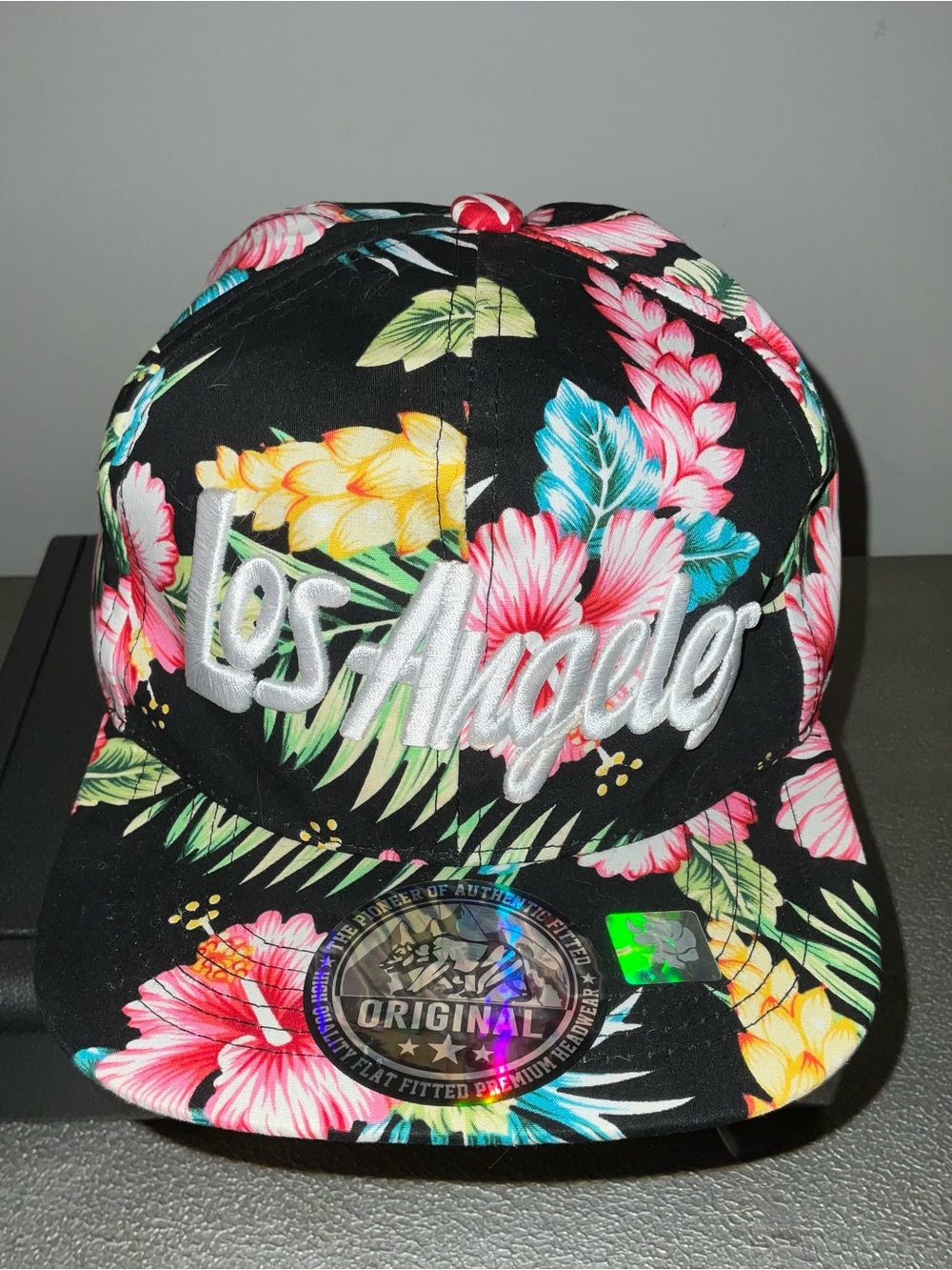 Los Angeles Floral Snapback Hat - Black with Pink & Yellow Flowers